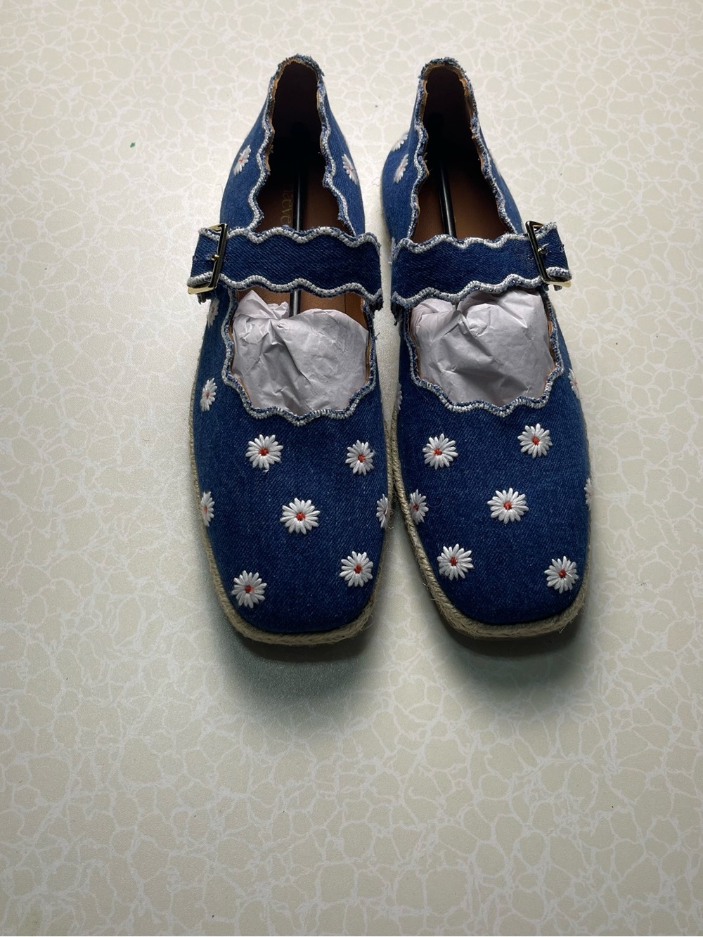 Anthropologie Blue Daisy Embroidered Mary Jane Flats